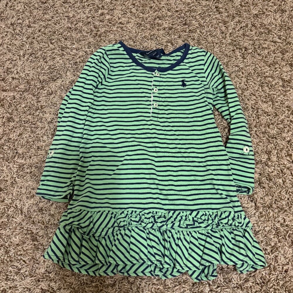 Ralph Lauren Striped Dress 3/3T Green Blue Long Sleeve Ruffled Skirt Buttons